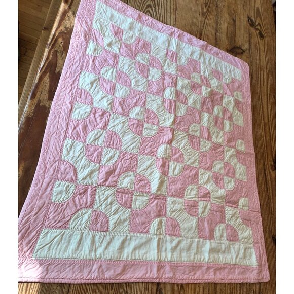 Handmade Pink White Patchwork Quilt Baby Blanket Throw 32x39 Cottagecore Prarie - Picture 1 of 7